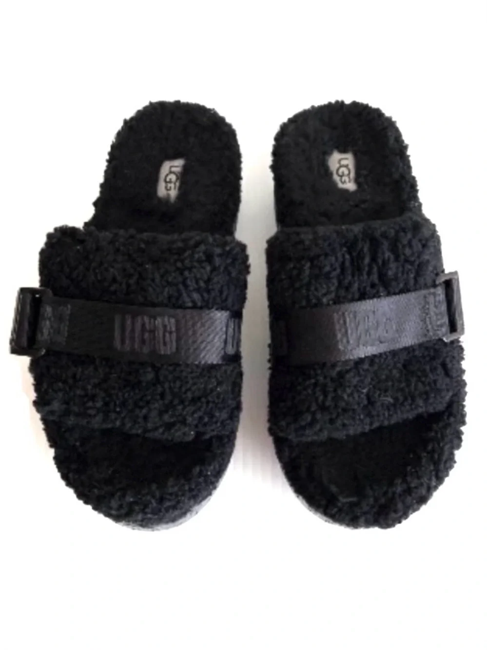 UGG Fluffita Black Sherpa Fur Slides Sandals Platform Logo Strap Buckle 10